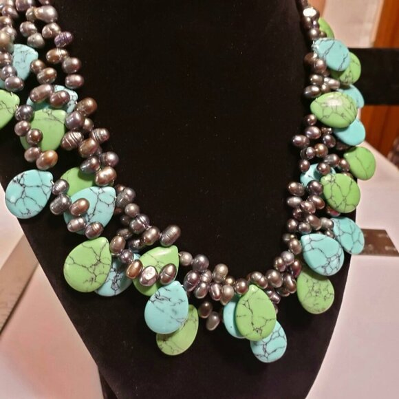 Black Freshwater Pearl with Turquoise & Green Howlite Teardrop 3 Strand Necklace - Picture 7 of 7